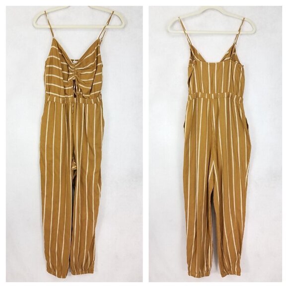 NEW Lush Size S Striped Pant Jumpsuit Playsuit Spaghetti Straps Brown Pockets - Picture 1 of 8